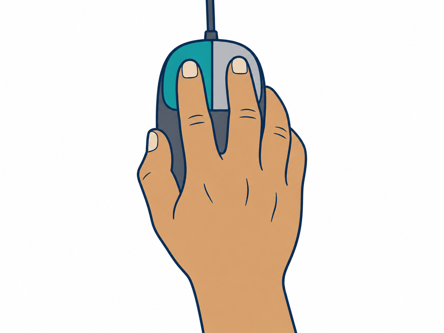 Een hand rust op een muis. De wijsvinger ligt op de linkerknop.